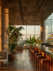 Modern Hotel Bar Interior at Sunset with City View