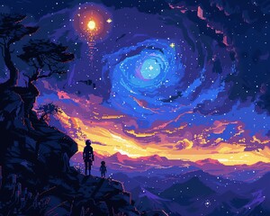 pixel art of a night sky with a blue and purple galaxy and a starry sky with a large bright star and a tree and two people on a cliff looking at it
