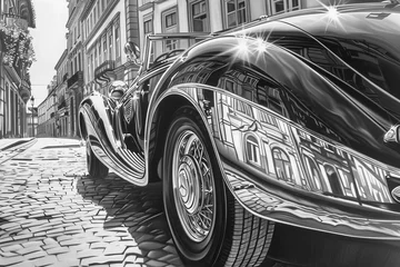  A classic vintage car parked on a cobblestone street. The car's polished chrome gleams in the sunlight © mila103