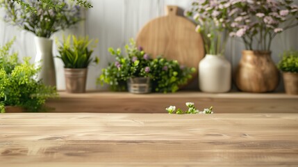 Rustic Kitchen Wooden Tabletop with Plants in Vases