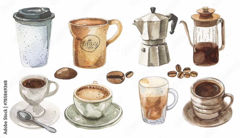 Wall mural watercolor set of coffee elements such as cappuccino, espresso on a white background.