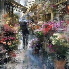 An impressionistic rendering of a flower market.