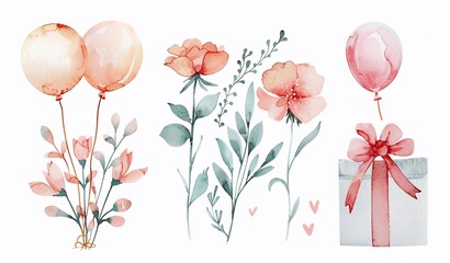 Set of watercolor elements with flowers, balloon, gift isolated on white background for cards, invitations.