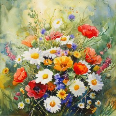 An arrangement of wildflowers in watercolor featuring daisies and poppies in a vibrant