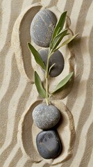 Obraz na płótnie Canvas Olive branch and zen stones on sandy background. A serene and peaceful image capturing an olive branch beside smooth stones on a textured sandy surface, symbolizing tranquility and nature simplicity