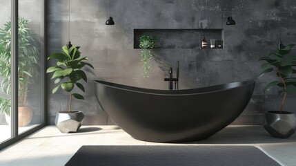A bathroom with a matte black freestanding bathtub and matching matte faucet fixtures. The lack of shine on these elements adds a sense of sophistication and subtlety to the room creating . - obrazy, fototapety, plakaty