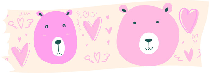 Cute bear washi tape on transparent background.