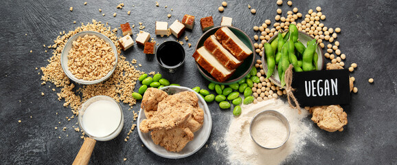 Soy products  on black background. Vegan healthy food