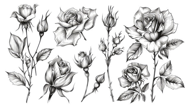 Rose vector set by hand drawing.Beautiful flower on white background isolated background