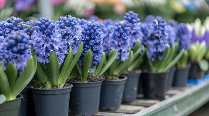 Many blue violet flowering hyacinths in pots are displayed on shelf in floristic store or at street market. Early spring, landscape gardening - obrazy, fototapety, plakaty