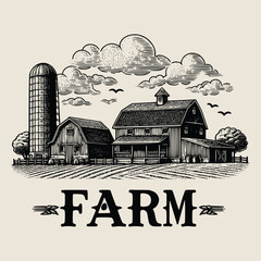 hand drawn Farm Buildings old engraving vector illustration style. farm house vintage illustration logo, emblem, icon old engraving style