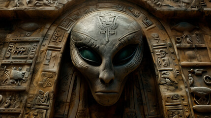 Alien face in Aztec temple wall