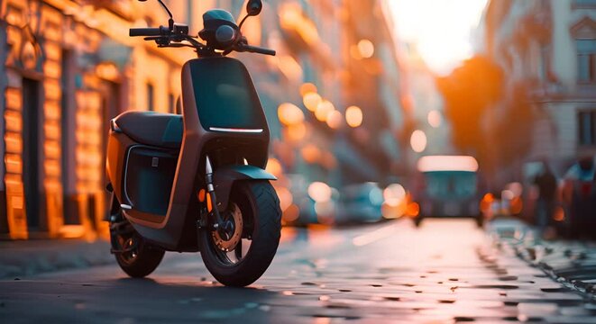 A sleek electric scooter parked, with its removable battery beside it, urban setting softly blurred