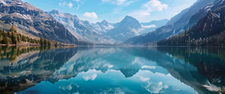 A frame hovering over a crystal-clear mountain lake, reflections softly blurred