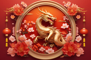 Obraz premium Wooden Dragon Happy Chinese New Year 2024 Background Design