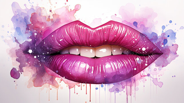 Contemporary Art of Oil Painting of Kissable Glitter Woman Pink Lips With Splashing Pink Liquid Paint Lipstick