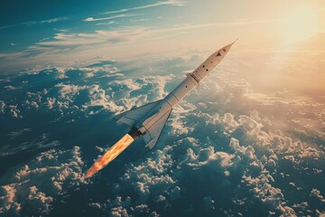 A long-range guided missile flying high in the sky. Concept of modern warfare, aerial attack. 