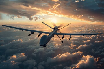 A military kamikaze drone in the sky. Aerial attack, modern warfare. - obrazy, fototapety, plakaty