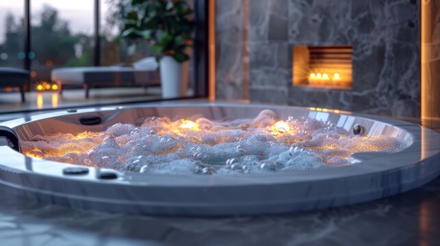 A luxurious jacuzzi with lighting, lots of bubbles. 