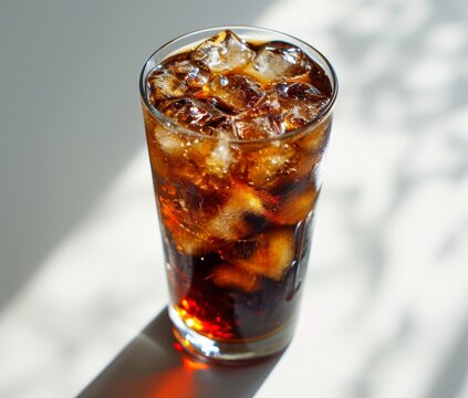 Refreshing glass of iced cola in sunlight