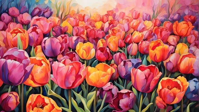 A vibrant tulip garden painted with a myriad of colors