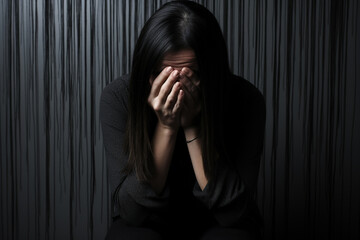 A woman with her face in her hands, expressing sadness or stress against a dark backdrop