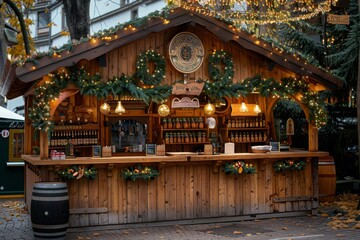 Fototapeta premium A typical Oktoberfest kiosk is a small wooden booth where German beer, sausages, pretzels, and other dishes are sold.