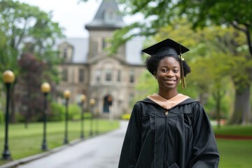 African American female graduate smiling at the camera in front of a historic university building.