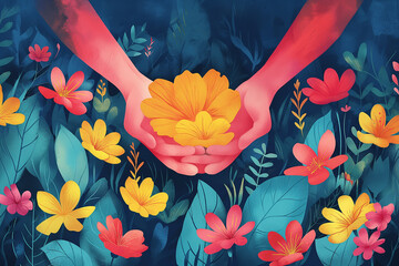 Conceptual Illustration of Hand Holding Flower Amongst Flora - obrazy, fototapety, plakaty