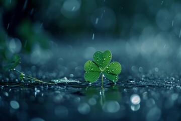 Lucky four-leaf clover in the rain - obrazy, fototapety, plakaty