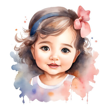 recommend clip art: Watercolor and painting cute doll girl with flower ribbon on headband and hat in pretty dress for kindergarten cartoon
                    