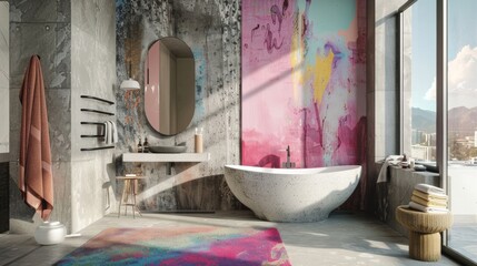The bathroom is a luxurious retreat with a concrete vanity and sink blending seamlessly into the raw industrialstyle walls. A freestanding tub sits against a window offering stunning .