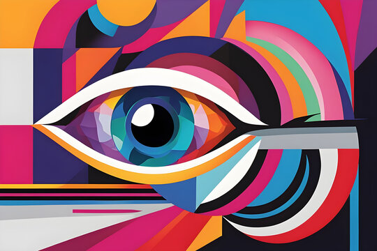 Abstract digital painting of an Eye. Vibrant multicolor of an iris Eye.  Colorful All seeing eye Digital geometric illustration, painting, wallpaper, background backdrop, wall art