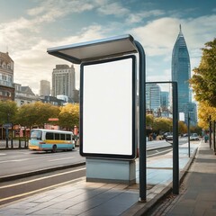 billboard on the street,A cityscape featuring a vertical blank white billboard prominently placed at a bus stop, offering a strategic location for advertising campaigns.