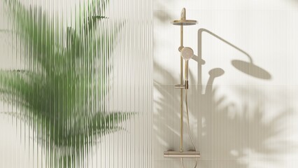 Gold rain shower, adjustable shower head, green palm tree, reeded fluted glass partition in...