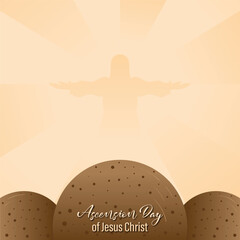 design for celebration of the Ascension of Jesus Christ. with ornaments of heavenly clouds, hills, Jesus, cross and light