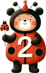 A cute cartoon bear wearing a red spotted ladybug costume and a party hat, holding a ladybug on a stick.