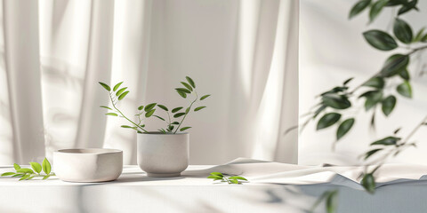 Spring product podium with plant. Minimalistic banner