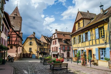 Obraz premium A charming European village square with cobblestone streets, historic churches, and colorful row houses, Generative AI