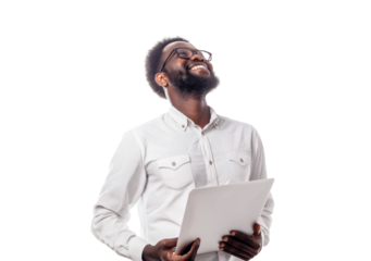 Smiling Man with Tablet Looking Upward