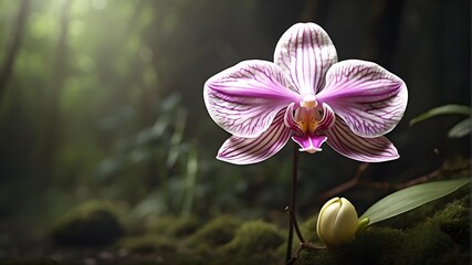 A  delicate orchid blooming in a secluded forest glade - obrazy, fototapety, plakaty