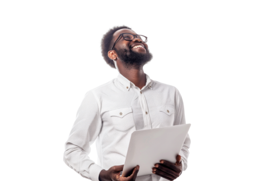 Smiling Man with Tablet Looking Upward