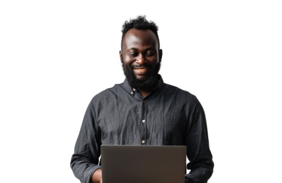 Smiling Man with Laptop on Transparent