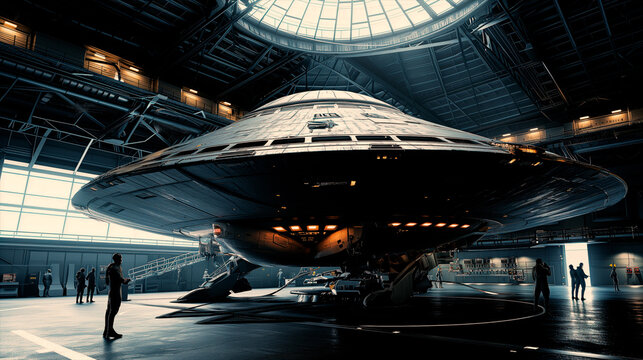 Alien space ship in secret hangar