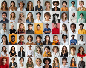 composite portrait featuring headshots of diverse women of all ages, genders, and ethnicities against a white gray and colorful flat background, celebrating inclusivity and diversity.