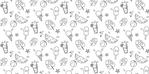 Summer. Hand drawn set of simple icons on white background with summer elements. Collection of cartoon icons with one line. Vector illustration