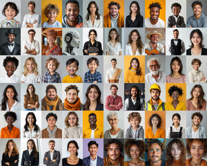 composite portrait featuring headshots of diverse women of all ages, genders, and ethnicities against a white gray and colorful flat background, celebrating inclusivity and diversity.