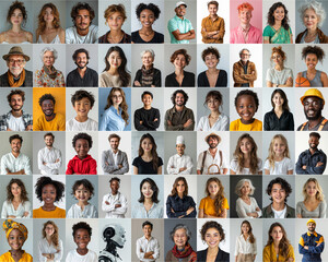 composite portrait featuring headshots of diverse women of all ages, genders, and ethnicities against a white gray and colorful flat background, celebrating inclusivity and diversity. - obrazy, fototapety, plakaty