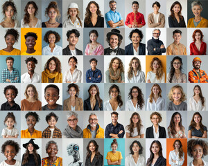 Obraz premium composite portrait featuring headshots of diverse women of all ages, genders, and ethnicities against a white gray and colorful flat background, celebrating inclusivity and diversity.