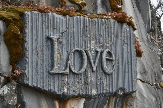 Rustic 'Love' Sign on a Mossy Rock